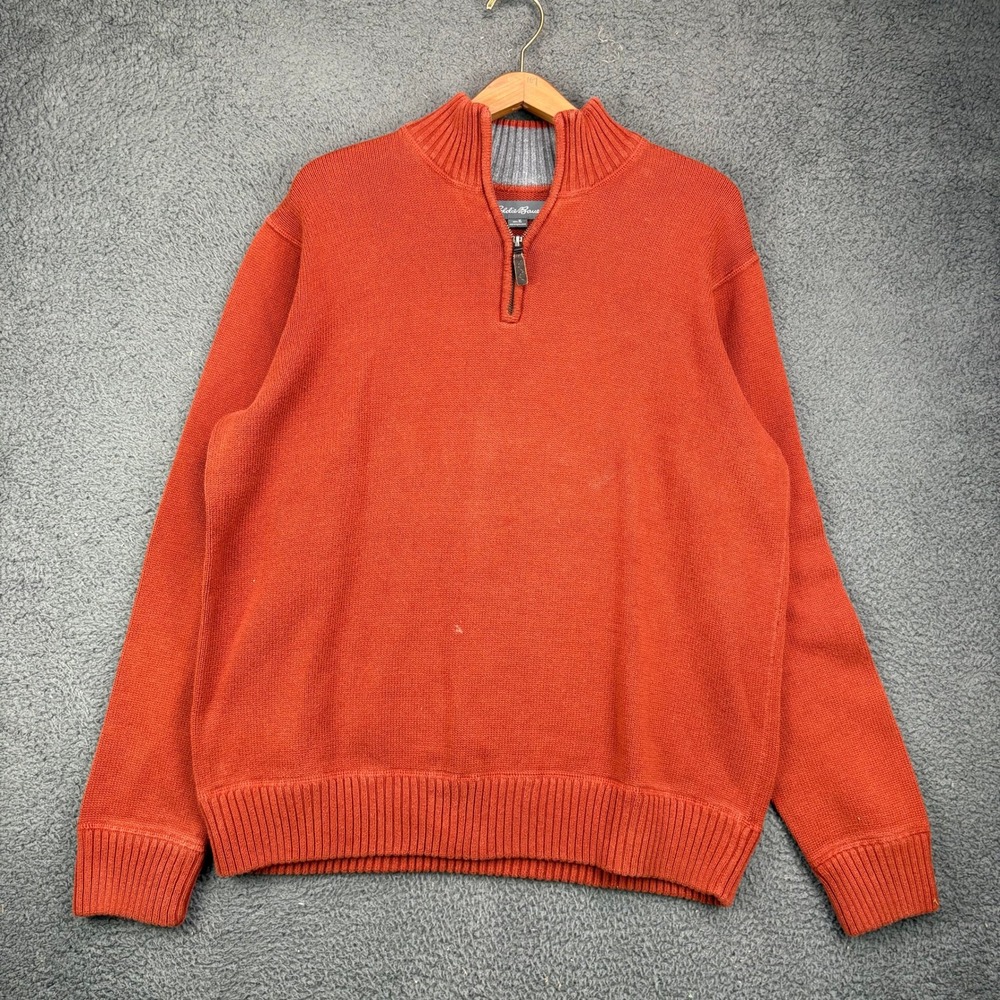 Eddie Bauer Mens XL Burnt Orange Quarter Zip Mock Neck Ribbed‎ Knit Sweater